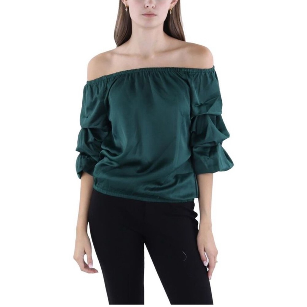 Vince Camuto Womens Green Satin Off-The-Shoulder Shirt Blouse Top New with tags